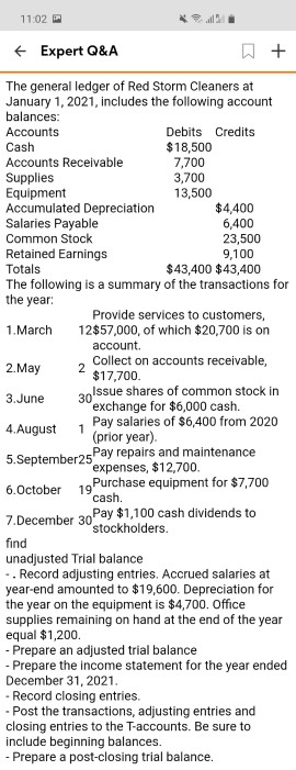 11:02 + Expert Q&A + The general ledger of Red Storm Cleaners at January 1, 2021, includes the following account balances: Ac