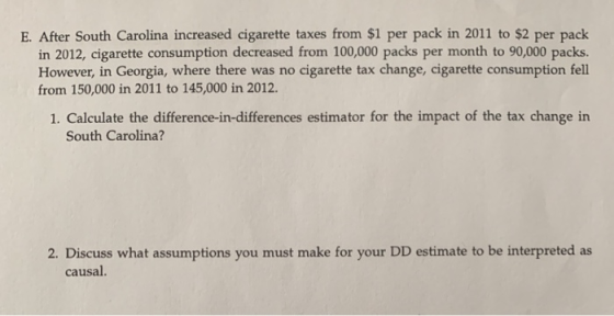 E. After South Carolina increased cigarette taxes from $1 per pack in 2011 to $2 per pack in 2012, cigarette consumption decr