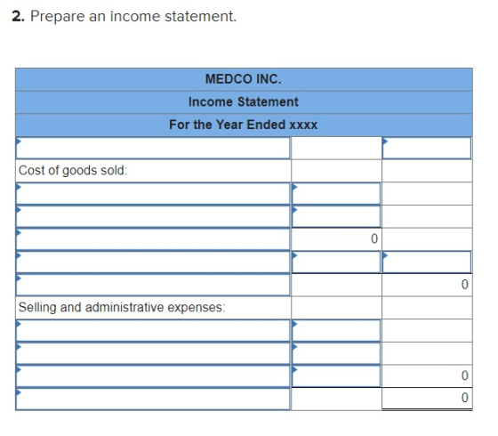 2. Prepare an income statement. MEDCO INC. Income Statement For the Year Ended XXXX Cost of goods sold: 0 0 Selling and admin