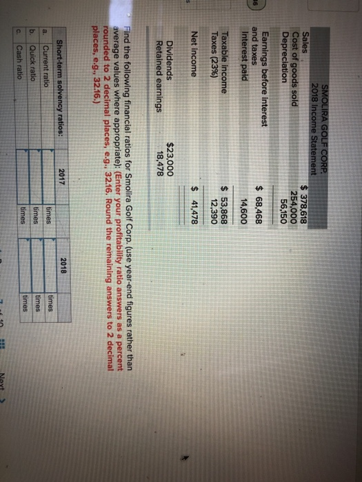 2018 Income Statement Sales Cost of goods sold Depreciation 378,618 254,000 56,150 Earnings before interest 68,468 14,600 6 and taxes Interest paid Taxable income Taxes (23%) $ 53,868 12,390 Net income $ 41,478 Dividends Retained earnings $23,000 18,478 Find the following financial ratios for Smolira Golf Corp. (use year-end figures rather than average values where appropriate): (Enter your profitability ratio answers as a percent rounded to 2 decimal places, e.g., 32.16. Round the remaining answers to 2 decimal places, e.g., 32.16.) 2017 2018 a. Current ratio times times b. Quick ratio times times Neyt