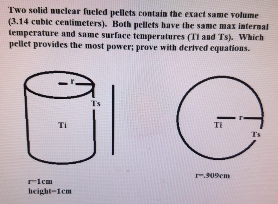 Two solid nuclear fueled pellets contain the exact same volume (3.14 cubic centimeters). Both pellets have the same max internal temperature and same surface temperatures Ti and Ts) pellet provides the most power; prove with derived equations. Ti Ti Ts r-,909cm r-1cm height-1cm