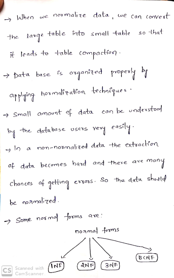 - When we normalize data, we can convert the large table into small table so that it leads to table compaction → bata base is