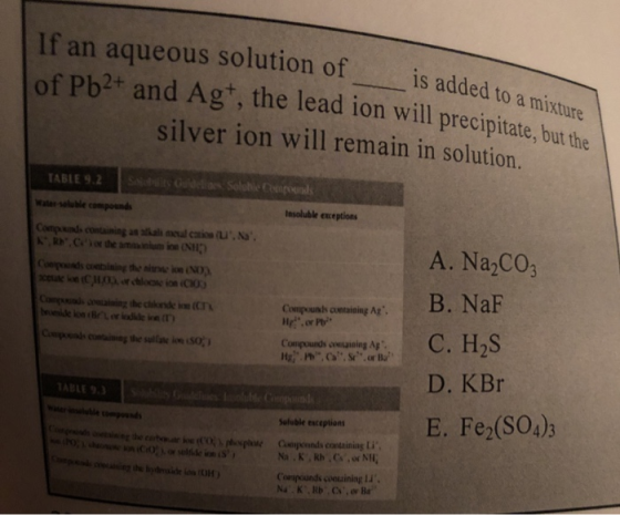 if If an aqueous solution of is added of Pb2+ and Agt, the lead ion will precipitate. silver ion will remain in solution. is