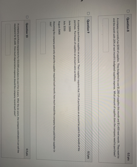 0.5 pts Question 8 A company currently has $200 of supplies. They budgeted to use $1.200 of supplies this month and $1,400 ne