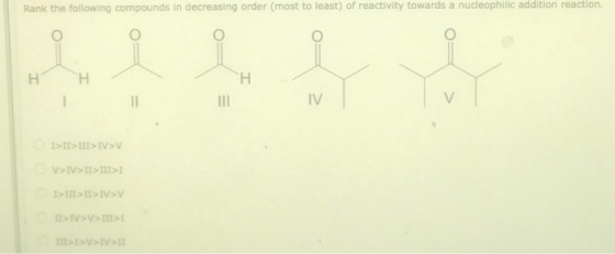 Rank the following compounds in decreasing order (most to least) of reactivity towards a nucleophilic addition reaction Hн >I