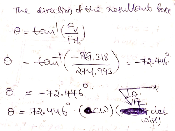 า ( 2 ) D The direction of the resultant force o= taul (Ful FH fant -85, 318 5-72.446 274.993 = -72.446 vo O = 72.446 ter clo