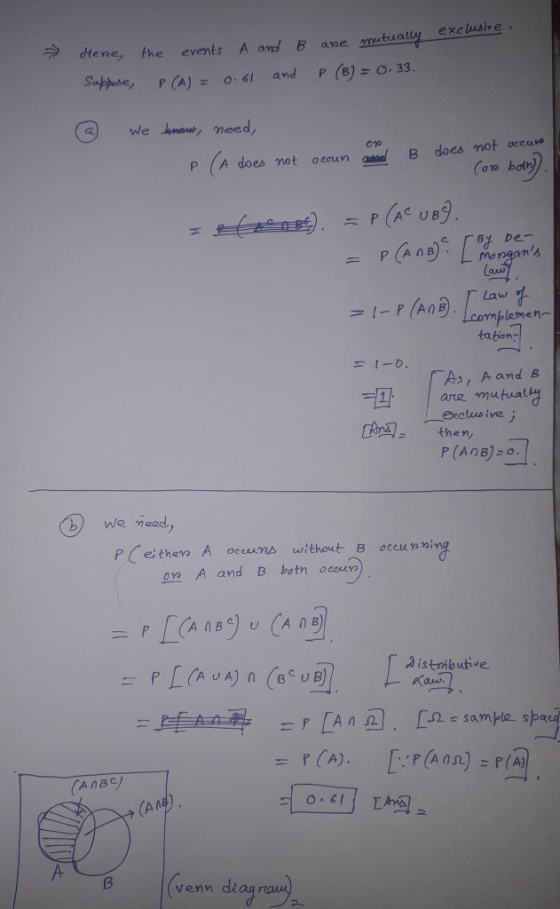 ene, the events A and B ane mutuall -exclusive, Saphuse, P(A).6 and P () . 33. we nae need, P A does 2nat o en B does not occura an both) p(ANB) . Monaans Law tation As, Aand B mplemen- 11 arte mutual exalus ive a then, P (e; then A oc eros without B occu Yoi 2 A and B botn ecun istnibutive An. samle space (AnB (AN venn diaq rau