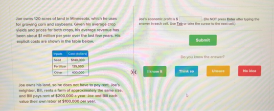 Joes economic profit is $ (Do NOT press Enter after typing the answer in each cell. Use Tab or take the cursor to the next c