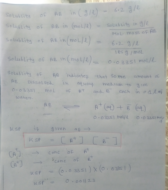 So Lublity So lub city of of AB in (gle) - 6.2 g le AB in (molle) = solublity ingle MOL mass of AB solublity of AB in (molle)