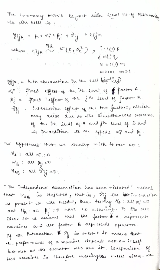 The two-way ANOVA layout with equal no. of observations in the cells in a Зік - ц* *; Pi + 7 + елік малци и таксо, с*), і м2