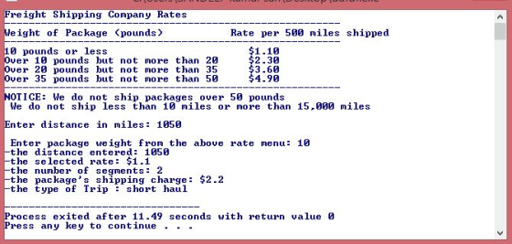 reight Shipping Company Rates eight of Package (pounds> 0 pounds or less Rate per 500 miles shipped Over 10 pounds but not mo