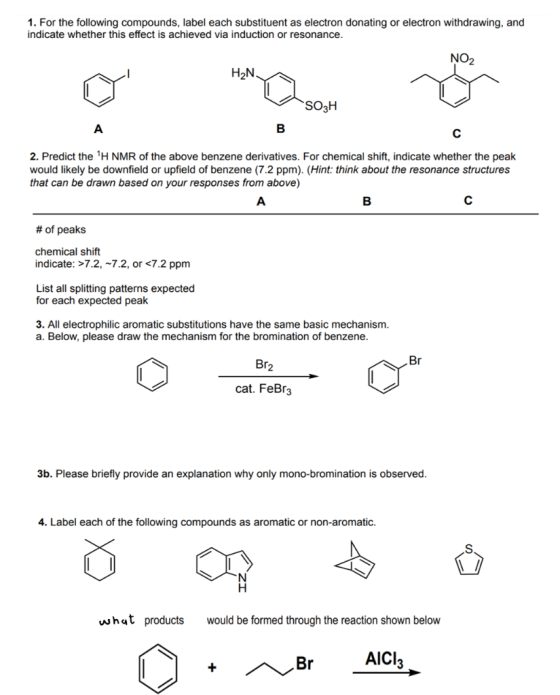 1. For the following compounds, label each substituent as electron donating or electron withdrawing, and indicate whether thi