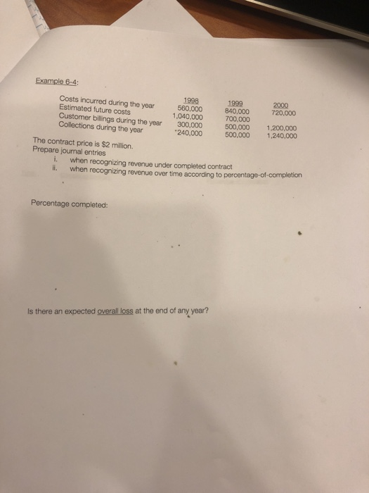 Example 6-4: Costs incurred during the year Estimated future costs Customer billings during the year Collections during the y