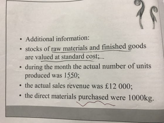 Additional information: stocks of raw materials and finished goods are valued at standard cost- during the month the actual number of units produced was 1550; the actual sales revenue was £12 000; the direct materials purchased were 1000kg