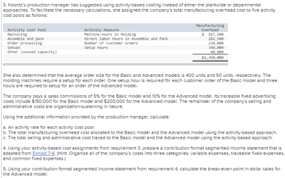 3. Koontzs production manager has suggested using activity-based costing instead of either the plantwide or departmental app