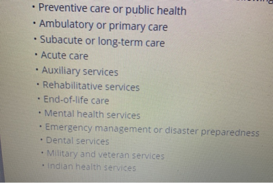 • Preventive care or public health • Ambulatory or primary care • Subacute or long-term care • Acute care • Auxiliary service