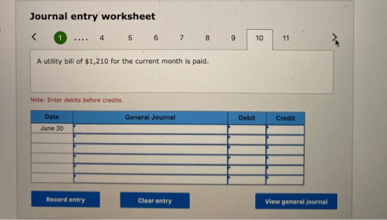 Journal entry worksheet < 4 5 6 7 8 9 10 11 A utility bill of $1,210 for the current month is paid. Note: Enter debits before