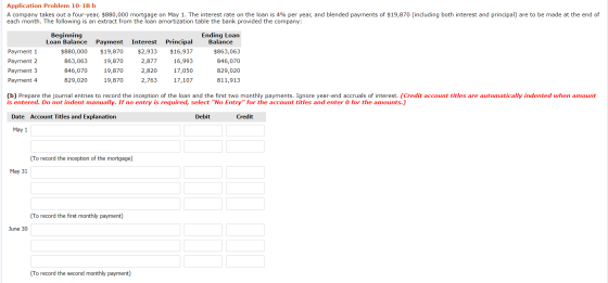 Application Problem 10-13 b A company takes out a four-year, $880,000 mortgage on May 1. The interest rate on the loan is 4%