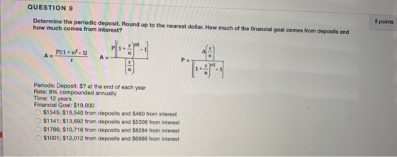 QUESTION 9 Determine the periodic deposit. Round up to the nearest dollar. How much of the financial goal comes from deposits