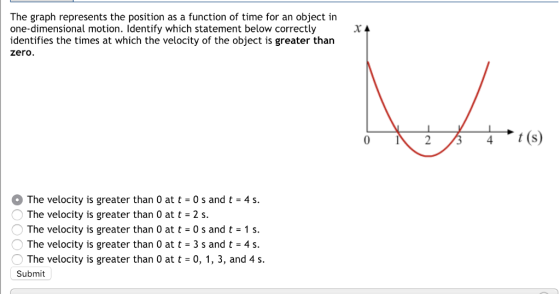 The graph represents the position as a function of time for an object in one-dimensional motion. Identify which statement below correctly identifies the times at which the velocity of the object is greater than zero. The velocity is greater than 0 at t 0 s and t 4s The velocity is greater than 0 at t 2 s The velocity is greater than 0 at t 0s and t 1 s The velocity is greater than 0 at t 3 s and t-4 s. The velocity is greater than 0 at t-0, 1, 3, and 4 s Submit