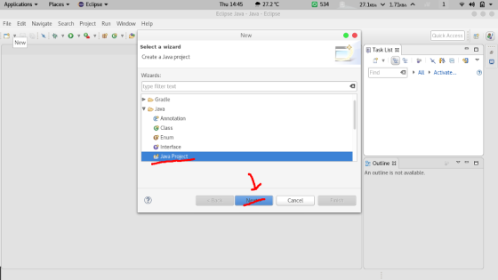 Applications ▼ Places ▼ Eclipse ▼ Thu 14:45 27.2℃ 図534 Eclipse Java-Java-Eclipse File Edit Navigate Search Project Run Window