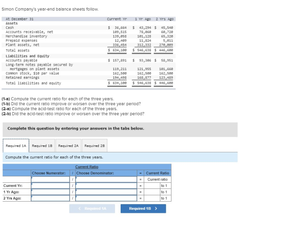 Simon Company s Year end Balance Sheets Follow 1 Yr Ago At December 31 