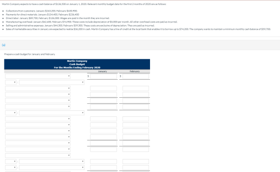 Martin Company expects to have a cash balance of $136,500 on January 1, 2020. Relevant monthly budget data for the first 2 mo