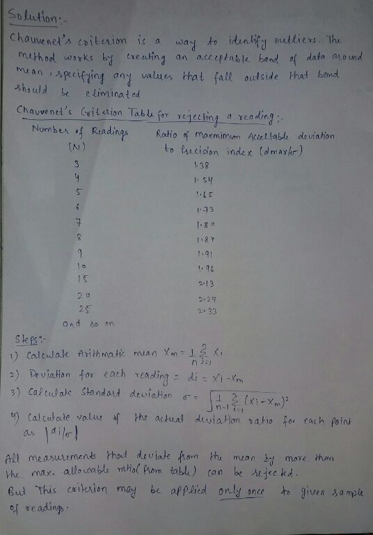 Solution: muth oel works b tsealing an acceptable bandf data au b und tan ,,specifting ond values that fall add side Had 6end Shouwd be eliminated Chaywenels Ceit ation Tatu fr sejectiny reing Number f Riadings Rotio mormimum Acettable de viahon to tucision indax dmax) 1-38 2-13 2.2다 2.33 ondto an p) Deviation for each reading n-1 gud This c%İkinn may be appered onlar ance to given Sampa of seadingp,