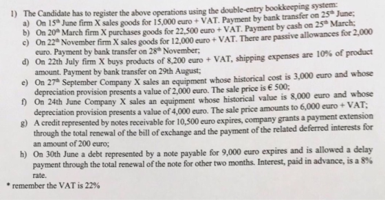 1) The Candidate has to register the above operations using the double-entry bookkeeping system: a) On 15 June firm X sales