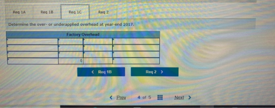 Req 1A Reg 1B Req 1C Req 2 Determine the over- or underapplied overhead at year-end 2017. Factory Overhead < Req 1B Req2 > <