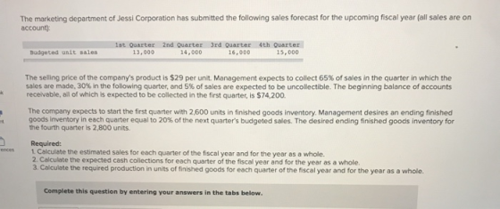 The marketing department of Jessi Corporation has submitted the following sales forecast for the upcoming fiscal year (all sa