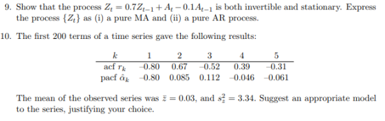 9. Show that the process Z 0.7Z,-1+A -0.1A-1 is both invertible and stationary. Express the process Z s (i) a pure MA and (ii