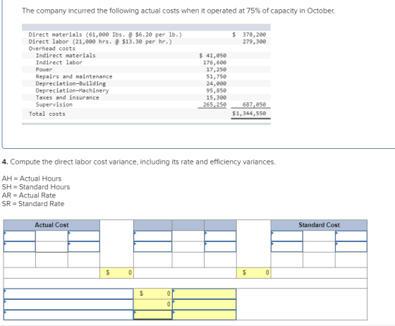 The company incurred the following actual costs when it operated at 75% of capacity in October. $ 378, 200 279,300 Direct mat