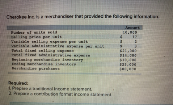 Cherokee Inc. is a merchandiser that provided the following information: Number of units sold Selling price per unit Variable