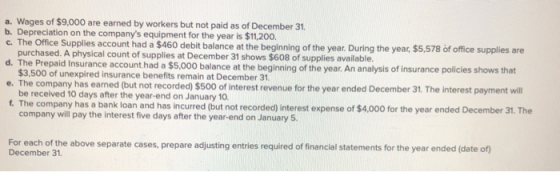 a. Wages of $9,000 are earned by workers but not paid as of December 31 b. Depreciation on the companys equipment for the ye