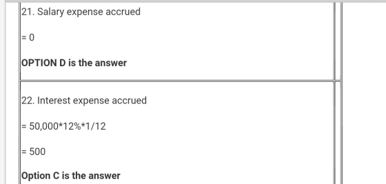 21. Salary expense accrued = 0 OPTION D is the answer 22. Interest expense accrued = 50,000*12%*1/12 = 500 Option C is the an