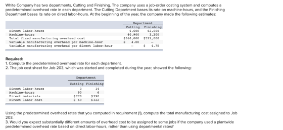 White Company has two departments, Cutting and Finishing. The company uses a job-order costing system and computes a predeter