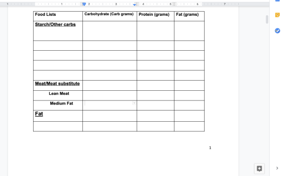 1: :: 1 : 11 = 213 14 15 16 :: 1 :7 :: Food Lists Carbohydrate (Carb grams) Protein (grams) Fat (grams) Starch/Other carbs Me