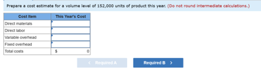 Prepare a cost estimate for a volume level of 152,000 units of product this year. (Do not round intermediate calculations.) C