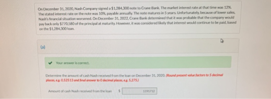 On December 31, 2020, Nash Company signed a $1,284,300 note to Crane Bank. The market interest rate at that time was 12%. The