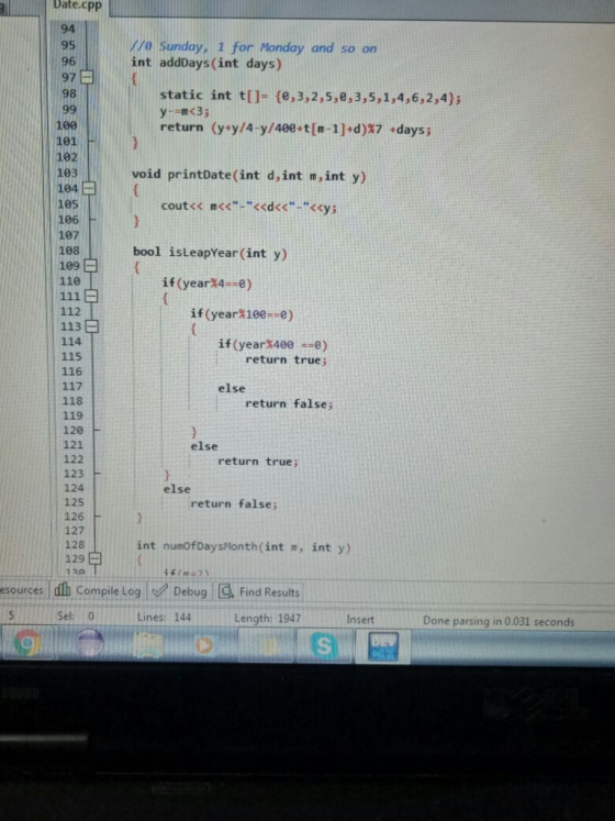 Date.cpp 94 95 96 97 98 e Sunday, 1 for Monday and so on int addDays (int days) 9 static int tIl- (e,3,2,5,0,3,5,1,4,6,2,4)s