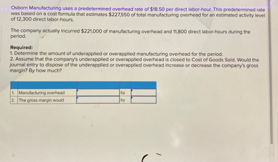 Osborn Manufacturing uses a predetermined overhead rate of $18.50 per direct labor-hour. This predetermined rate was based on