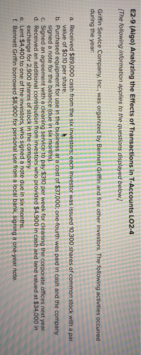 E2-9 (Algo) Analyzing the Effects of Transactions in T-Accounts LO2-4 (The following information applies to the questions dis