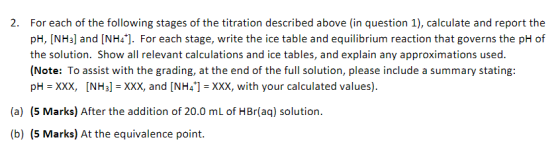 2. For each of the following stages of the titration described above (in question 1), calculate and report the pH, (NH3] and