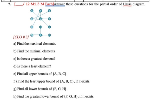 7. 12 M:1.5 M Each Answer these questions for the partial order of Hasse diagram. [CLO # 31 0 0 0 a) Find the maximal element