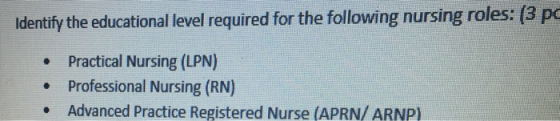 Identify the educational level required for the following nursing rol Practical Nursing (LPN) Professional Nursing (RN) Advanced Practice Registered Nurse (APRN/ ARNP) .