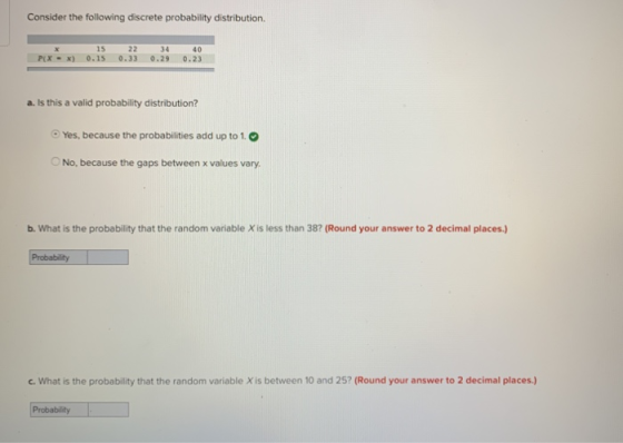Consider the following discrete probability distribution. 15 34 40 Pix-x) 0.15 0.33 0.29 0.23 a. Is this a valid probability distribution? Yes, because the probabilities add up to 1. ONo, because the gaps between x values vary b. What is the probability that the random variable X is less than 38? (Round your answer to 2 decimal places c. What is the probability that the random variable X is between 10 and 25? (Round your answer to 2 decimal places.) Probability