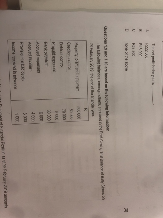 The net profit for the year is R222 000 R18 000 R53 800 none of the above Questions 1.9 and 1.10 are based on the following i