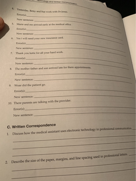 Schnology and warmen Core 4. Yesterday Testerday, Betsy and Sue work with Dr Jones. Error(s): New sentences 5. Marie and me a