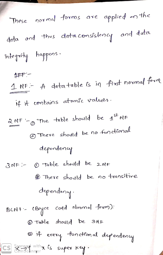 These normal forms are applied on the data and thus data consistency and data integrity happens. FF:- 1 NF:- A data table is